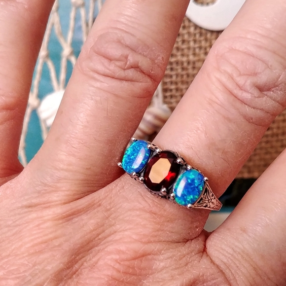 5CT Fire Garnet & Opal 925 Solid Sterling Silver - Picture 6 of 6